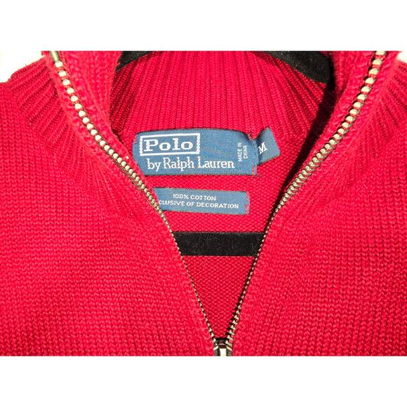 POLO RALPH LAUREN 1/4 ZIP MOCK PULLOVER RED MENS M PREPPY CASUAL LEATHER ACCENT - Picture 4 of 8